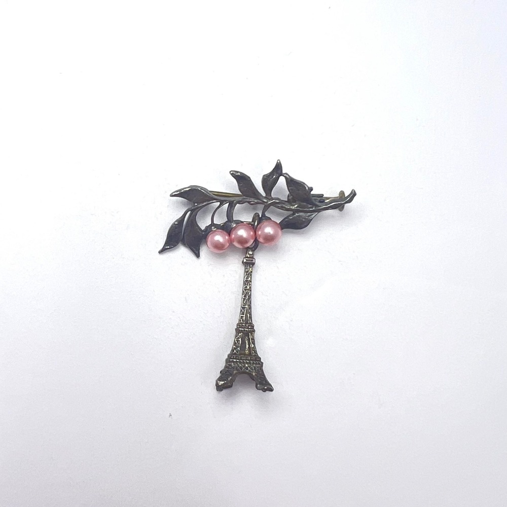 Vintge Eiffel Tower Brooch Floral Pink Silver Tone Pinup Paris Faux Pearl Fairy